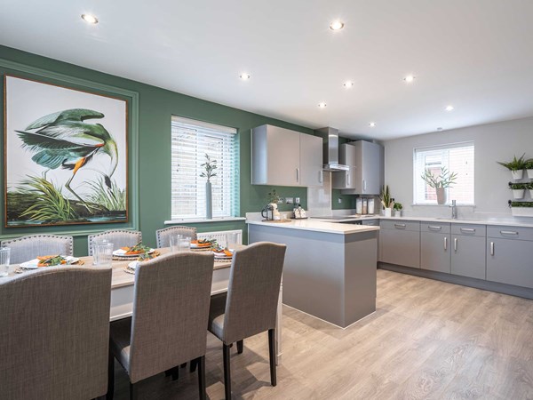 Green kitchen feature wall and dining room
